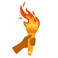 Hand with flaming torch. Burning torch flame in hand. Symbols of relay race, competition victory, champion or winner.