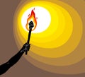 Torch in a hand raised up illuminates the dark vector illustration, Prometheus, flames of fire, bring the light to the dark,