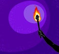 Torch in a hand raised up illuminates the dark vector illustration, Prometheus, flames of fire, bring the light to the dark,