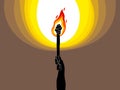 Torch in a hand raised up illuminates the dark vector illustration, Prometheus, flames of fire, bring the light to the dark,