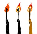 Torch in a hand raised up vector illustration, Prometheus, flames of fire, conceptual allegory art