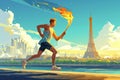 Torchbearer, vector illustration of running athletic man with Olympic flame. Generative AI Royalty Free Stock Photo