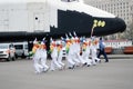 Torchbearers in the Gorki park in Moscow