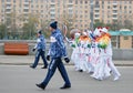 Torchbearers in the Gorki park in Moscow