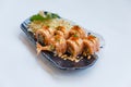 Torched Salmon Roll with Prawn Tempura Inside.Topping with Cheese, Ebiko Prawn Eggs, Scallion and White Sesame