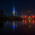 Colors of the Ukraine flag illuminated on the communication tower Royalty Free Stock Photo