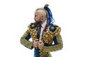 Torero in blue and gold suit or typical spanish bullfighter isolated over white