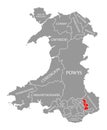 Torfaen red highlighted in map of Wales