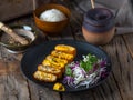 Tori Menchi katsudon with white rice and salad served in a dish isolated on wooden background side view of japanese food Royalty Free Stock Photo