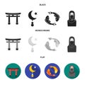 Torii, carp koi, woman in hijab, star and crescent. Religion set collection icons in black, flat, monochrome style