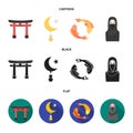 Torii, carp koi, woman in hijab, star and crescent. Religion set collection icons in cartoon,black,flat style vector