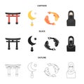 Torii, carp koi, woman in hijab, star and crescent. Religion set collection icons in cartoon,black,outline style vector