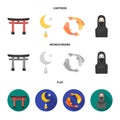 Torii, carp koi, woman in hijab, star and crescent. Religion set collection icons in cartoon,flat,monochrome style