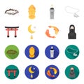 Torii, carp koi, woman in hijab, star and crescent. Religion set collection icons in cartoon,flat style vector symbol