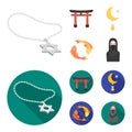 Torii, carp koi, woman in hijab, star and crescent. Religion set collection icons in cartoon,flat style vector symbol
