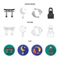 Torii, carp koi, woman in hijab, star and crescent. Religion set collection icons in flat,outline,monochrome style