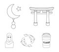 Torii, carp koi, woman in hijab, star and crescent. Religion set collection icons in outline style vector symbol stock