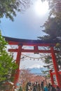 Torii Gate with Mount Fuji Mt. Fuji in cherry blossoms Royalty Free Stock Photo