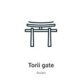 Torii gate outline vector icon. Thin line black torii gate icon, flat vector simple element illustration from editable asian Royalty Free Stock Photo
