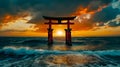 Torii gate in the rays of setting sun, high tide time, AI generated, idea for background or banner Royalty Free Stock Photo