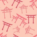 Torii gate sign. Seamless pattern with Japanese traditional gate pastel color. Symbol of Japanese Shinto religion