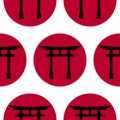Torii gate sign. Seamless pattern with Japanese traditional gate on sunset background. Symbol of Japanese Shinto religion Royalty Free Stock Photo