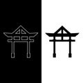 Torii gate sign. Traditional Japanese gate. Symbol of Japanese Shinto religion. Line art. Isolated icon on black, white background Royalty Free Stock Photo