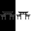 Torii gate sign. Traditional Japanese gate. Symbol of Japanese Shinto religion. Line art. Isolated icon on black, white background Royalty Free Stock Photo