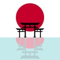 Torii gate sign. Traditional Japanese gate in water on sunset background. Symbol of Japanese Shinto religion