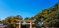 Torii Gate standing at the entrance to Meiji Jingu Shrine iat Harajuku Urban Forest, Tokyo Royalty Free Stock Photo