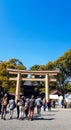 Torii Gate standing at the entrance to Meiji Jingu Shrine iat Harajuku Urban Forest, Tokyo Royalty Free Stock Photo