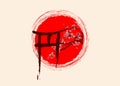 Torii gates and sakura branch with flowers hand-drawn with ink in traditional Japanese style sumi-e isolated on vintage paper Royalty Free Stock Photo