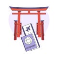 Torii, Passport, Plane ticket. Trip to Japan. Travel to Asia. Eastern religious landmark - Red Gate, entrance to temple