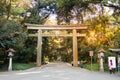 Torii, a traditional Japanese gate at the entrance of Meiji Shrine located in Shibuya, Tokyo, Japan. Royalty Free Stock Photo