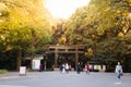 Torii, a traditional Japanese gate at the entrance of Meiji Shrine located in Shibuya, Tokyo, Japan. Royalty Free Stock Photo