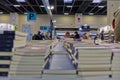 Desk with a lot of newly published books in the thirty-third edition of the international book fair.