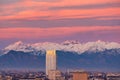 Torino Turin, Italy: cityscape at sunrise woth the new skyscraper towering over the city. Scenic colorful light on the snowcappe Royalty Free Stock Photo