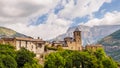 Torla Ordesa, church with the mountains at bottom, Pyrenees Spain Royalty Free Stock Photo