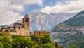 Torla Ordesa, church with the mountains at bottom, Pyrenees Spain Royalty Free Stock Photo