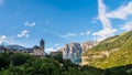 Torla Ordesa, church with the mountains at bottom, Pyrenees Spain Royalty Free Stock Photo