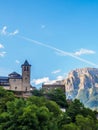 Torla Ordesa, church with the mountains at bottom, Pyrenees Spain vertical Royalty Free Stock Photo