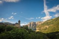 Torla Ordesa, church with the mountains at bottom, Pyrinees Spain Royalty Free Stock Photo