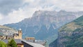 Torla Ordesa, church with the mountains at bottom, Pyrinees Royalty Free Stock Photo