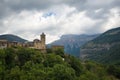 Torla Ordesa, church with the mountains at bottom, Pyrinees Spain Royalty Free Stock Photo