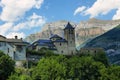 Torla Ordesa, church with the mountains at bottom, Spain Royalty Free Stock Photo