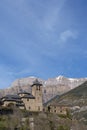 Torla, typical pyrenean village with stone houses with the mountains in the background, gateway to the Ordesa and Monte Perdido Royalty Free Stock Photo