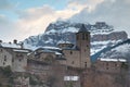 Torla village in the foreground and Mondarruego cliff in the background. Royalty Free Stock Photo