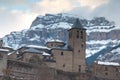 Torla village in the foreground and Mondarruego cliff in the background. Royalty Free Stock Photo