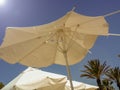 Torn beach umbrella lit by the sun against the sky