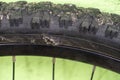 torn bicycle tire. Bicycle repair in the workshop. Replacing the tube on the wheel of a mountain bike. Rupture close up. The rim Royalty Free Stock Photo